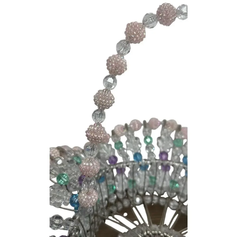 Vintage‎ Handmade Safety Pin Ruffled Bead Basket White Purple Pink Easter 12